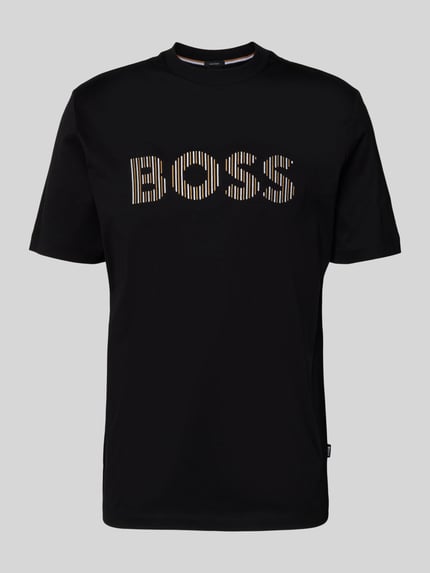 Produktfoto, Regular Fit T-Shirt aus reiner Baumwolle Modell 'C-THOMPSON 41' von BOSS, czarna, gładka, okrągły dekolt, krótkie rękawy, label stitching, materiał: bawełna merceryzowana