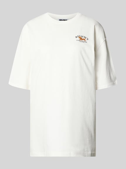 Produktfoto, T-Shirt mit 1/2-Arm von REVIEW, Reine Baumwolle, Lockerer-Schnitt, Rundhalsausschnitt, Rückenlänge bei Größe S 68 cm, weiß.