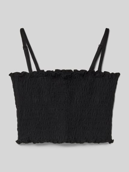 Produktfoto, Slim Fit Crop Top mit Allover-Muster von s.Oliver RED LABEL, Farbe Schwarz, Gesmokt, Karree-Ausschnitt, Spaghettiträgern, Reine Baumwolle