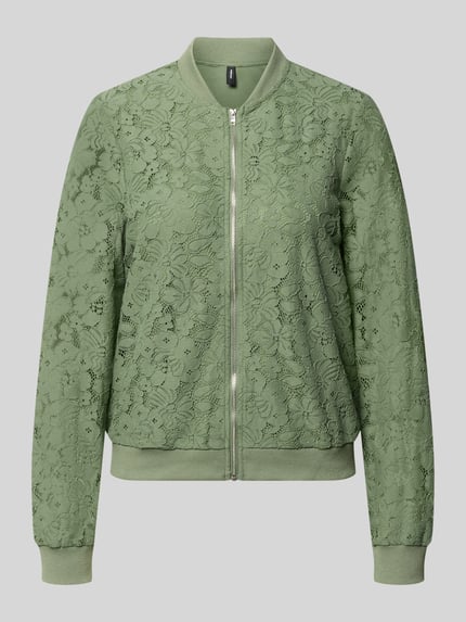 Produktfoto, Regular Fit blouson uit mix van modal en katoen model 'HONEY' van Vero Moda met all-over bloemenmotief, gebreide boorden, ritssluiting, collegekraag, gehaakte structuur in lichtgroen