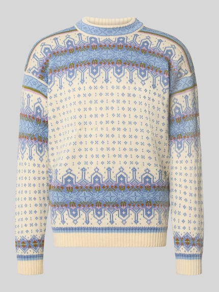 Produktfoto, Regular Fit Pullover aus reiner Wolle Modell 'Albertville' von Dale of Norway mit norwegischem Muster in Creme und Hellblau, Strick-Optik, Rückenlänge 66 cm, Ärmellänge 59 cm