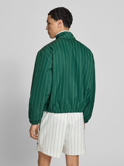 Männermodel trägt Jacke mit Streifenmuster und Reißverschluss von BLKVIS in Grün mit weißen Streifen, Regular-Fit, Stehkragen, Label-Stitching, Rückenlänge 61 cm, Ärmellänge 61 cm, Ganzkörperansicht Rückansicht.