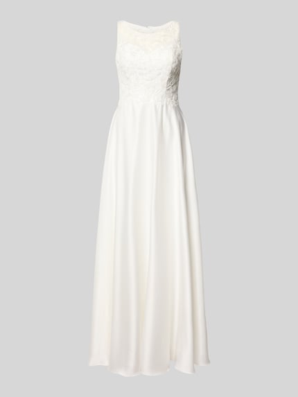 Produktfoto, Abendkleid mit Spitze von Laona in Weiß, A-Linie, Maxikleid mit Rundhalsausschnitt, Rückenlänge 150 cm, Brustweite 35 cm, Reißverschluss auf der Rückseite, glatte Struktur, feine Spitzen-Details.