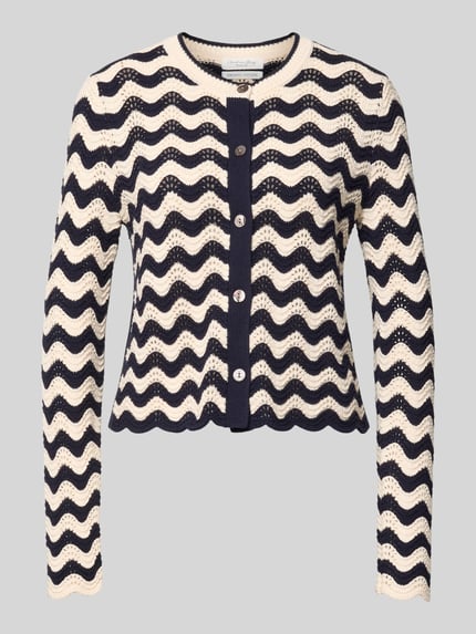 Productfoto, Strickjacke im Allover-Look mit Rundhalsausschnitt van Christian Berg Woman, zwart-wit zigzagpatroon, regular fit, pure katoen
