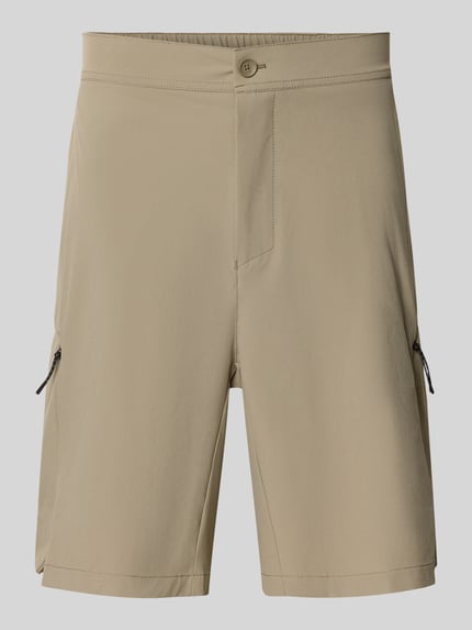 Produktfoto, Relaxed Fit Cargoshorts mit Label-Schriftzug Modell 'GLOBE CARGO' von BOSS Green, beige, unifarben, elastischer Bund, Knopf, Reißverschluss, Seitentaschen, Gesäßtaschen, strukturierte Baumwoll-Textur