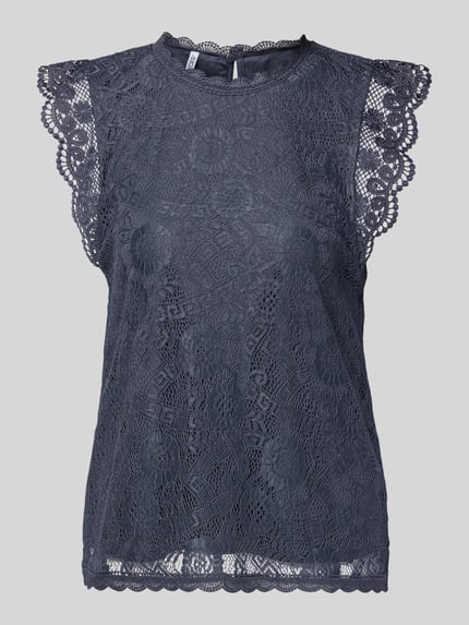 Produktfoto, Shaped Fit Blusentop met kanten details Model 'OLLINE' van Pieces, effen look, bloemenmotief, druppelvormige hals, labelstitching