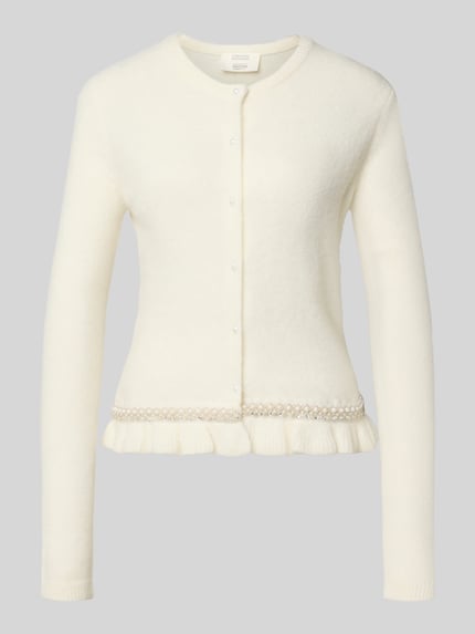Produktfoto, Slim Fit Cardigan in tricotlook Model 'Kate' van Guido Maria Kretschmer WOMAN, met ruches, siersteentjes, ronde hals, knoopsluiting, ruglengte maat 36: 55 cm