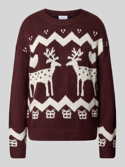 Produktfoto, Relaxed Fit Strickpullover aus elastischem Material-Mix von VILA, Dames gebreide pullover, model 'YULE', ronde hals, donkerrood met crèmekleurig jacquardpatroon van rendieren, harten en huisjes, elastische materiaalmix, relaxed fit, ruglengte maat S 58 cm, mouwlengte maat S 53 cm