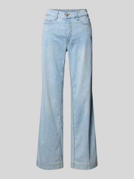 Produktfoto, Wide Leg Jeans mit Eingrifftaschen Modell 'Dream' von MAC aus Baumwoll-Mix mit Modal-Anteil, hellblaue Farbe, glatte strukturierte Oberfläche, Bundweite bei Größe 36/32: 38 cm, Innenbeinlänge 83 cm
