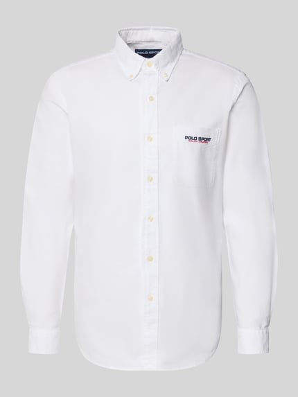 Produktfoto, Freizeithemd Freizeithemd aus reiner Baumwolle von Polo Ralph Lauren in Weiß, unifarben, Langarm, Button-Down-Kragen, Logo-Stitching, Flammgarn-Struktur