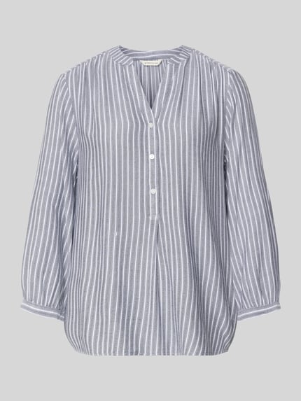 Produktfoto, Comfort Fit Langarmbluse aus reiner Viskose von Tom Tailor, Optik:Allover-Muster, Passform:Comfort Fit, Kragenform:Mao-Kragen, Ausschnitt:Tunika, Verschluss:kurze Knopfleiste, Ärmelform:3/4-Arm, Ärmelabschluss:Manschette, Material:reine Viskose, feines Streifenmuster in Grau und Weiß, glatte Textur