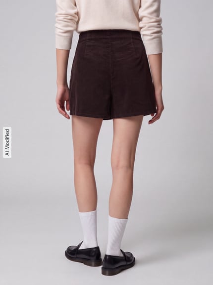 Modelka nosi Regular Fit Short-Rock aus Baumwoll-Mix Model 'ZEVA' von ONLY, jednokolorowy sztruks, ozdobny guzik, detal kopertowy, zamek błyskawiczny, mieszanka bawełny, widok całej sylwetki od tyłu, KI-modifiziertes Bild.