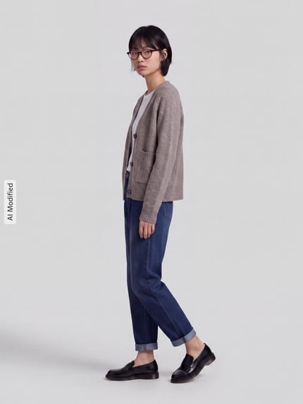 Frauenmodel trägt Oversized Strickjacke mit Woll-Anteil Modell 'BOOM' von VERO MODA in Hellbraun, kombiniert mit blauen Jeans und schwarzen Schuhen, dezente Farben, glatte und weiche Texturen, Ganzkörperansicht von vorne, KI-modifiziertes Bild.