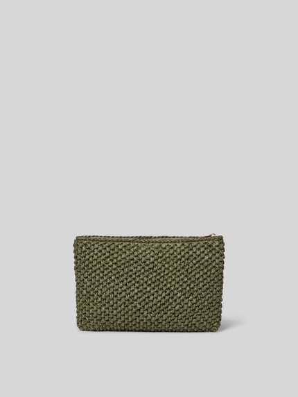 Productfoto, Kosmetiktasche aus echtem Rindsleder van Anine Bing, semitransparant design in olijfgroen, met ritssluiting en logo-detail, afmeting 32x21x4 cm.