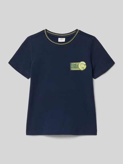 Produktfoto, Regular Fit T-Shirt aus reiner Baumwolle von s.Oliver RED LABEL in Dunkelblau mit 3D-Motiv-Print, Rundhalsausschnitt, kurzarm, unifarbene Jersey-Oberfläche