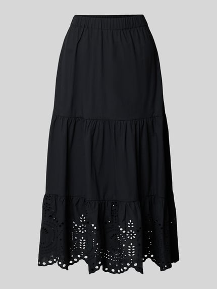 Produktfoto, midirok met Lochstitching van Christian Berg Woman Selection in zwart, puur katoen, lichte A-lijn, elastische band, bandwijdte maat 36: 38 cm, totale lengte maat 36: 86 cm
