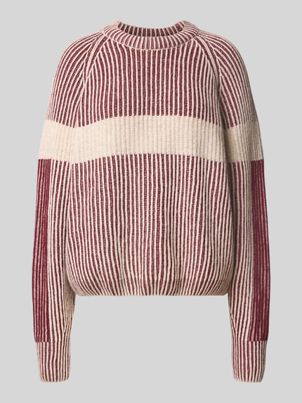 Produktfoto, beige-rood gestreepte loose fit pullover uit wolmix model 'RIB ARTWORK KNIT' van ARMEDANGELS, dames pullover