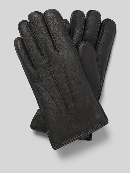 Productfoto, Handschoenen uit echt leer met siernaden van Akaroa voor heren, omzoomde boorden, effen design, zwart, grove textuur
