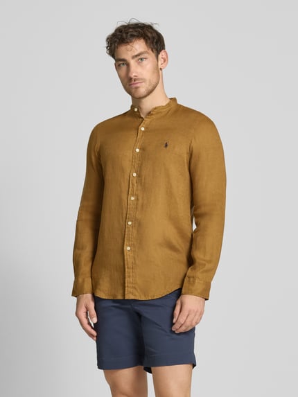 Polo Ralph Lauren Slim Fit Leinenhemd mit Stehkragen Dunkelbraun 4
