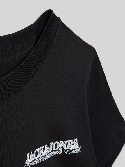 Productfoto, zwart T-shirt met statement-print model 'CASSIS' van Jack & Jones, katoen, regular fit, ronde hals, labeldetail