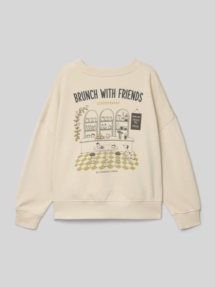 Produktfoto, Oversized Sweatshirt mit Motiv-Print Modell 'Portuset' von Mango aus reiner Baumwolle, cremefarben, Statement-Print, Rundhalsausschnitt, elastische Abschlüsse