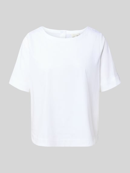 Produktfoto, Blusenshirt mit Rundhalsausschnitt von Milano Italy in Weiß, Baumwoll-Mix mit Stretch, Regular Fit, 1/2-Arm, glatte Textur.