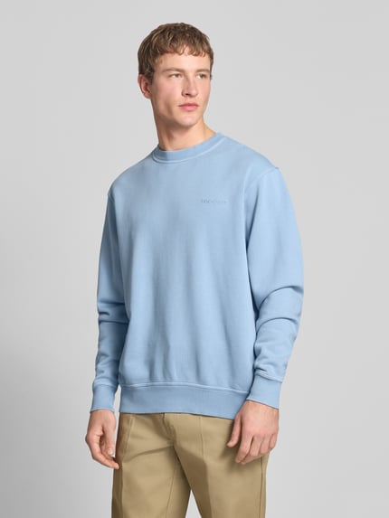Männermodel trägt Sweatshirt mit Label-Stitching und Rundhalsausschnitt von Dickies in Hellblau, Relaxed Fit, Ganzkörperansicht von vorne.
