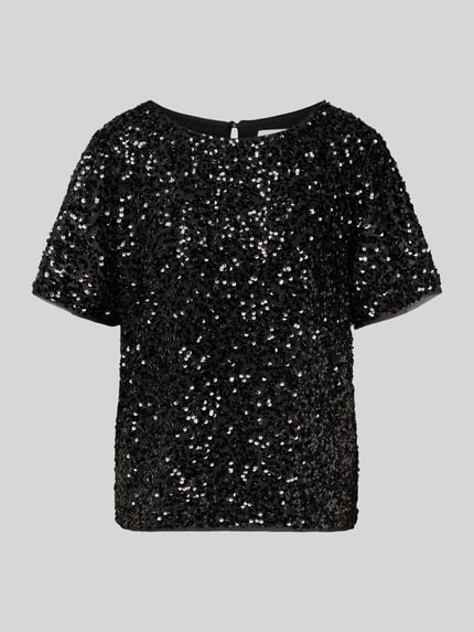 Produktfoto, Blusenshirt met pailletten van Comma, zwarte chiffon, regular fit, ronde hals, knoopsluiting achteraan, ruglengte 60 cm, mouwlengte 24 cm.