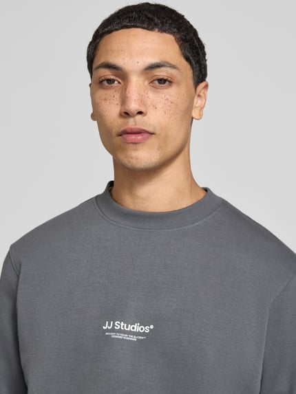 Männermodel trägt Regular Fit Sweatshirt aus Baumwoll-Mix Modell 'Soho' von JACK & JONES in Grau mit Logo-Print, Nahaufnahme Oberkörper.