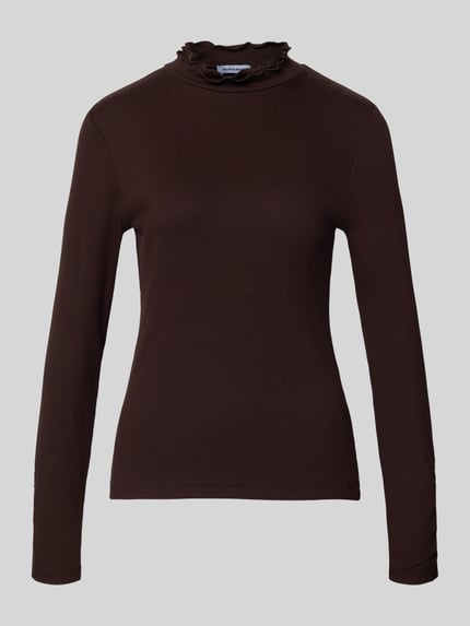 Produktfoto, Slim Fit Longsleeve aus Baumwoll-Mix von MORE in Dunkelbraun, elastischer Stoff, Stehkragen mit Strukturmuster, Damenmode