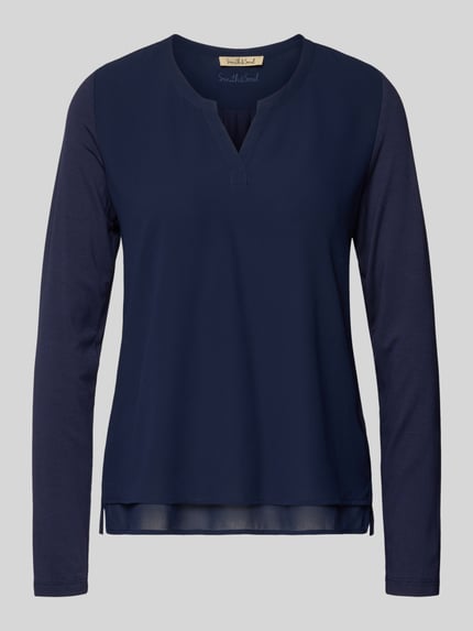 Produktfoto, Bluse mit Tunikakragen van Smith and Soul, recht model, effen design, zijsplitten, donkerblauw, ruglengte maat S 65 cm, mouwlengte maat S 71 cm.