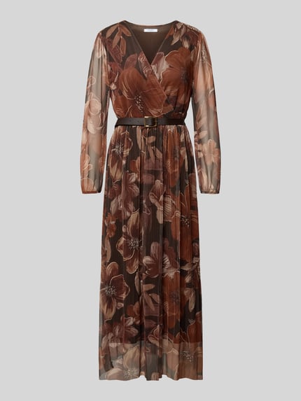 Produktfoto, maxi-jurk van ZABAIONE Model 'La44uriaa', bruine bloemprint, materiaalmix met stretch, getailleerd model, v-hals wikkellook, riem met doornsluiting