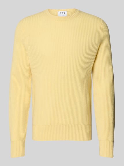 Produktfoto, Strickpullover aus Kaschmir mit Rundhalsausschnitt von FTC Cashmere, żółty sweter z dzianiny z kaszmiru, prosty krój, gruby ścieg, okrągły dekolt, długość tyłu w rozmiarze 50: 68 cm, długość rękawów w rozmiarze 50: 72 cm