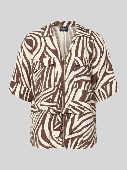 Produktfoto, Regular Fit Kurzblazer aus Lyocell-Mix von s.Oliver BLACK LABEL, beige-braunes Zebramuster, kurzärmelig, mit Bindegürtel, glatte Textur