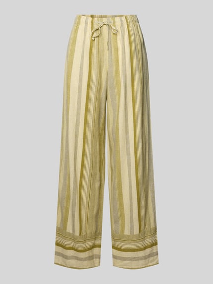 Produktfoto, Hose aus Leinen-Viskose-Mix mit elastischem Bund Modell 'POLLY' von Topshop, gestreifter Stoff, Straight Fit, gelb-beige Töne, Kordelzug am Bund, Damen Hose, Bundweite 34 cm, Innenbeinlänge 76 cm, strukturierte Textur