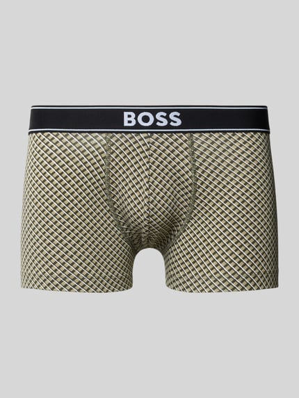 Produktfoto, Trunks aus Baumwoll-Mix von BOSS, Herren Pant & Trunk, beige-graues Gittermuster, elastische Textur, schwarzer Bund.