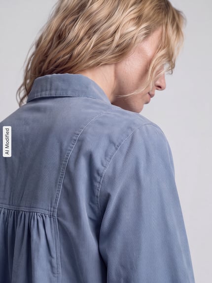 Vrouwenmodel draagt Regular fit blouse met lange mouwen van puur katoen van Marc O'Polo DENIM, blauw met fijne structuur, detailopname, KI-modificeerd beeld.