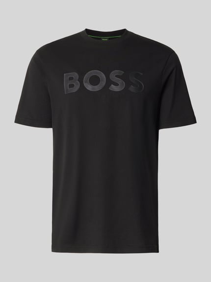 Produktfoto, czarny męski t-shirt z napisem BOSS, gładka struktura, Regular Fit T-Shirt aus reiner Baumwolle Modell 'TS_STRUCTURE LOGO 1027473' von BOSS Green