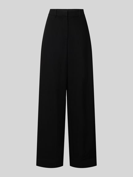 Produktfoto, schwarze Wide Fit Hose mit Viskose-Anteil Modell 'Ailyn' von Cph Muse vor grauem Hintergrund, glatte Oberfläche, weiter Beinverlauf, Haken- und Reißverschluss, Bundweite 40 cm und Innenbeinlänge 80 cm bei Größe S, Material-Mix.