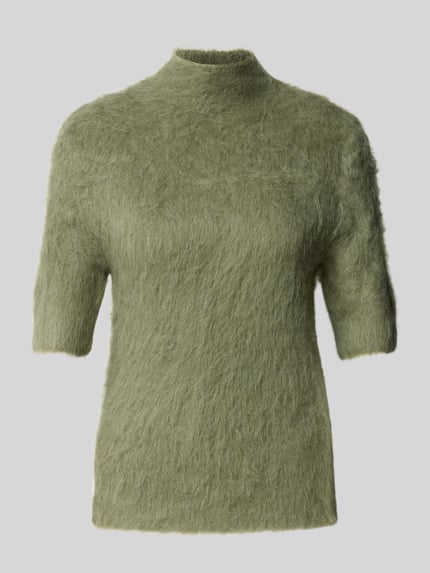 Produktfoto, Strickshirt aus Alpaka-Mix mit kurzem Stehkragen von someday, hellgrün meliert, kurzarm, körpernaher Schnitt, weiche Textur