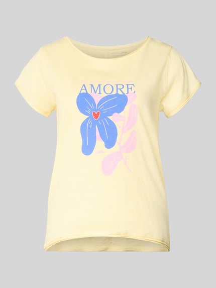 Produktfoto, T-Shirt mit Motiv-Print und Rollsaum von Christian Berg Woman, damski t-shirt z bawełny, prosty krój, okrągły dekolt, nadruk z motywem, zrolowany brzeg, długość tyłu w rozmiarze S: 61 cm