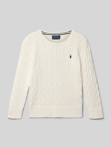 Produktfoto, cremefarbener Strickpullover mit Zopfmuster und Label-Stitching von Polo Ralph Lauren Kids aus reiner Baumwolle, Rundhalsausschnitt, Regular Fit
