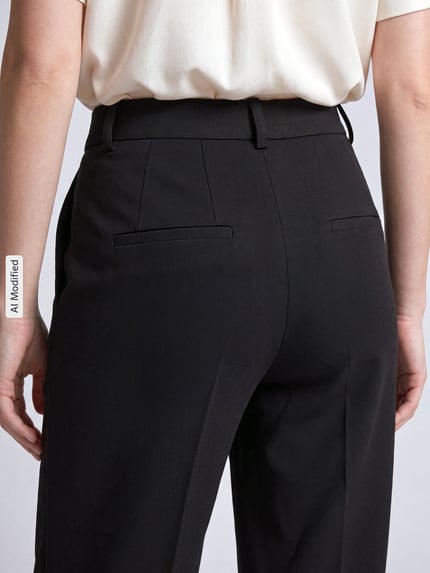 Frauenmodel trägt schwarze Straight Fit Culotte aus Viskose-Mix Modell 'Fenja' von Stehmann, klare Linien, glatte Textur, Ganzkörperansicht Rückansicht, KI-modifiziertes Bild.