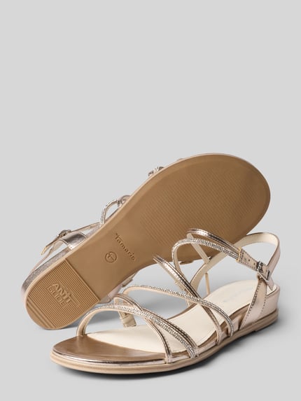 Produktfoto, Sandalen met strass-steentjes van Tamaris, look: effen, afgeronde punt van de schoen, plat, hakvorm, label in reliëf, doornsluiting, gestructureerde zool
