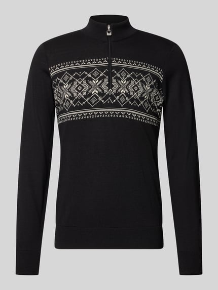 Produktfoto, Wollpullover mit Label-Patch Modell 'Liaset' von Dale of Norway in Schwarz mit weißen Norweger-Mustern, Troyer-Kragen, reine Wolle, gerader Schnitt, Rückenlänge 66 cm, Ärmellänge 69 cm.