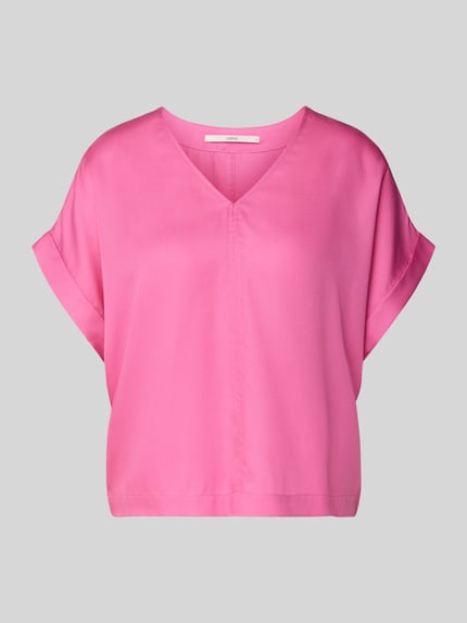 Produktfoto, Relaxed Fit Bluse aus reinem Lyocell von Lanius in kräftigem Pink, weiche glatte Textur, V-Ausschnitt, kurzärmelig, Rückenlänge 53 cm bei Größe 36.