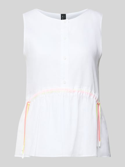 Produktfoto, Regular Fit Top mit Tunnelzug von Marc Cain, biały, marszczenia, bez rękawów, okrągły dekolt, krój regular fit, długość tyłu 59 cm w rozmiarze 36
