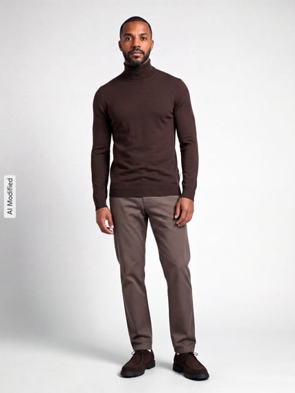 Männermodel trägt Regular Fit Rollkragenpullover aus Viskose-Mix Modell 'WYLER' von ONLY in Braun, Ganzkörperansicht von vorne, Herren Rollkragenpullover von ONLY & SONS, KI-modifiziertes Bild.