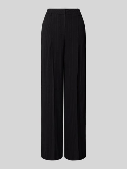 Produktfoto, Weite Damen Hose aus reiner Viskose Modell 'TIANA4' von BOSS mit Nadelstreifen, Wide Leg, Allover-Muster, seitliche Eingrifftaschen, Schiebehaken-Verschluss, Label-Applikation aus Metall, angedeutete Gesäßtasche, glatte Textur, elegante Optik.