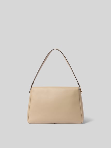 Productfoto, Shoulder Bag met Logo-Detail van Tory Burch, beige, rechthoekige vorm, gladde textuur, afneembare schouderband, hoofdvak met overslag, binnenvak met ritssluiting, magneetsluiting, breedte 33 cm, lengte 23 cm, diepte 13 cm
